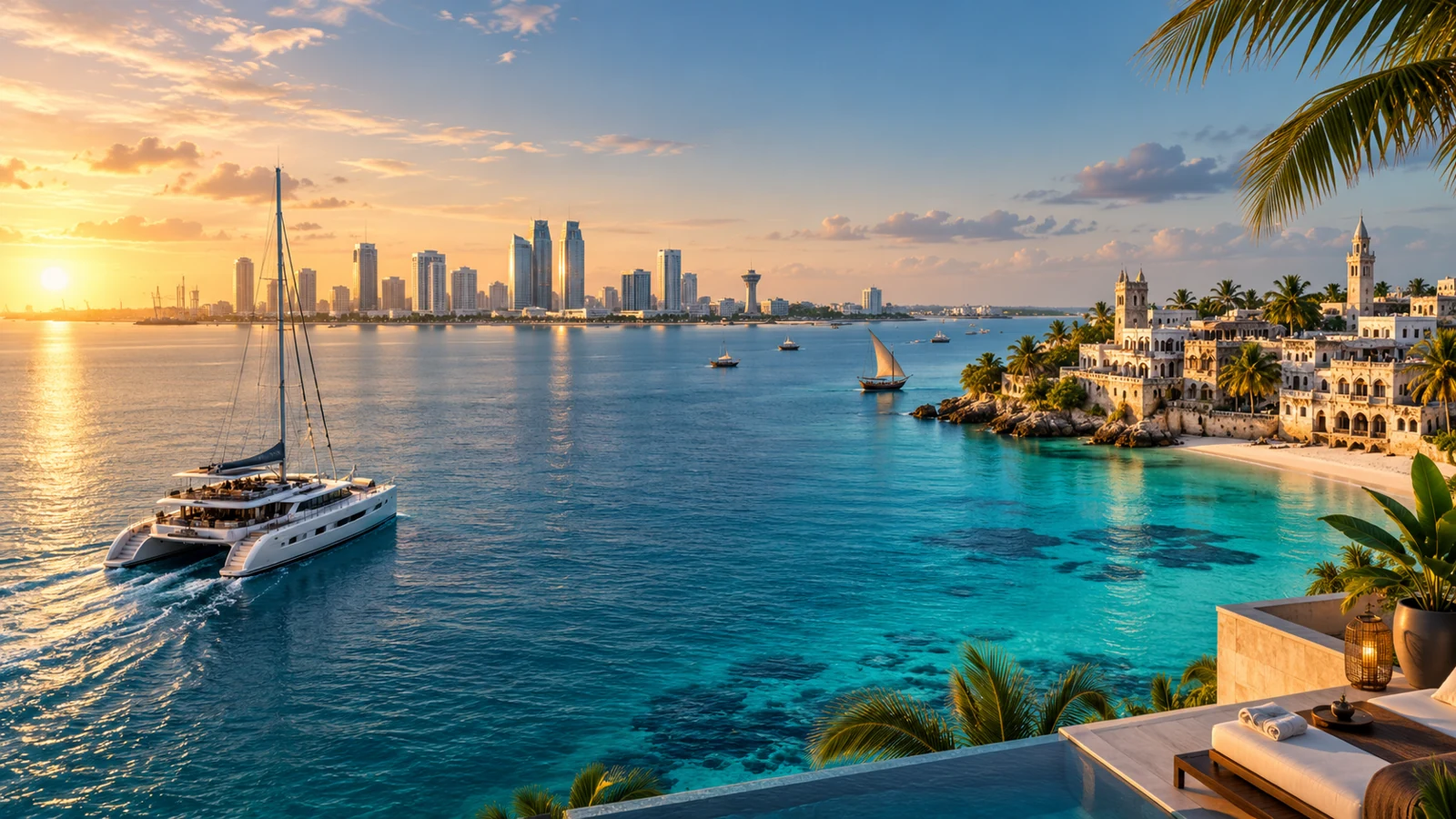 Zanzibar coastline, dhow boats and East African city skyline at sunset